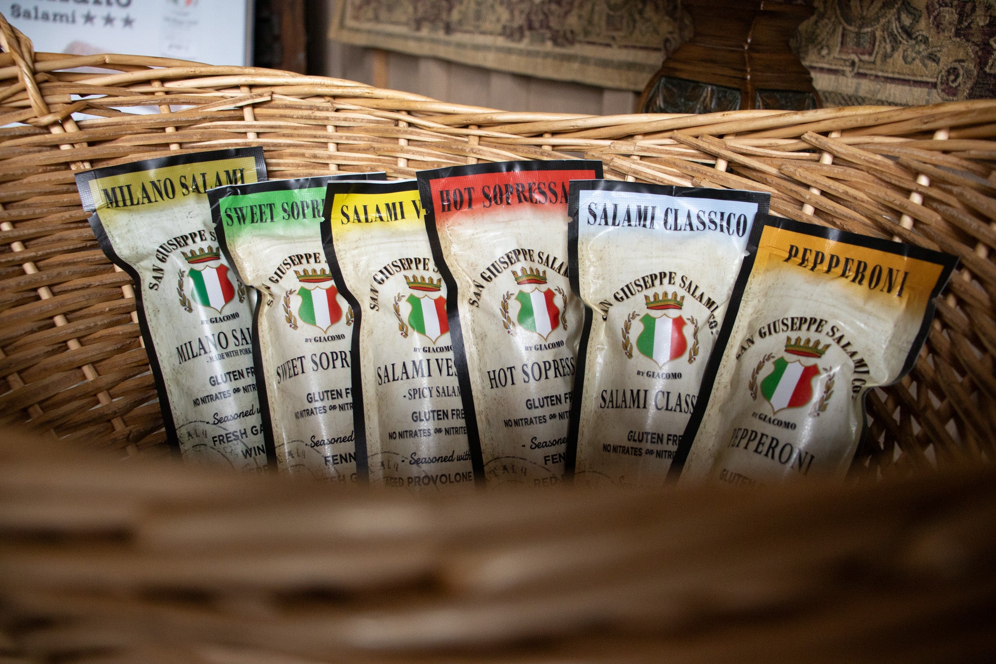 basket of retail salami chub flavors